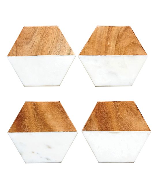 Creative Co-Op Coasters - Marble & Wood Hexagon Coaster - Set of Four | Zulily
