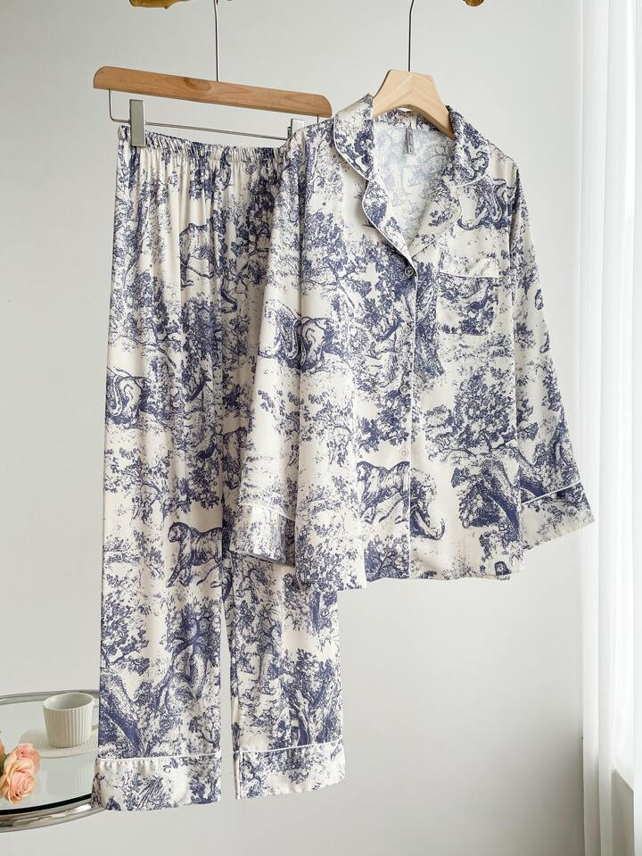 2pcs Women's Ink Print Ice Silk Pajamas, Simple Mandarin Collar Long Sleeve Homewear Set | SHEIN