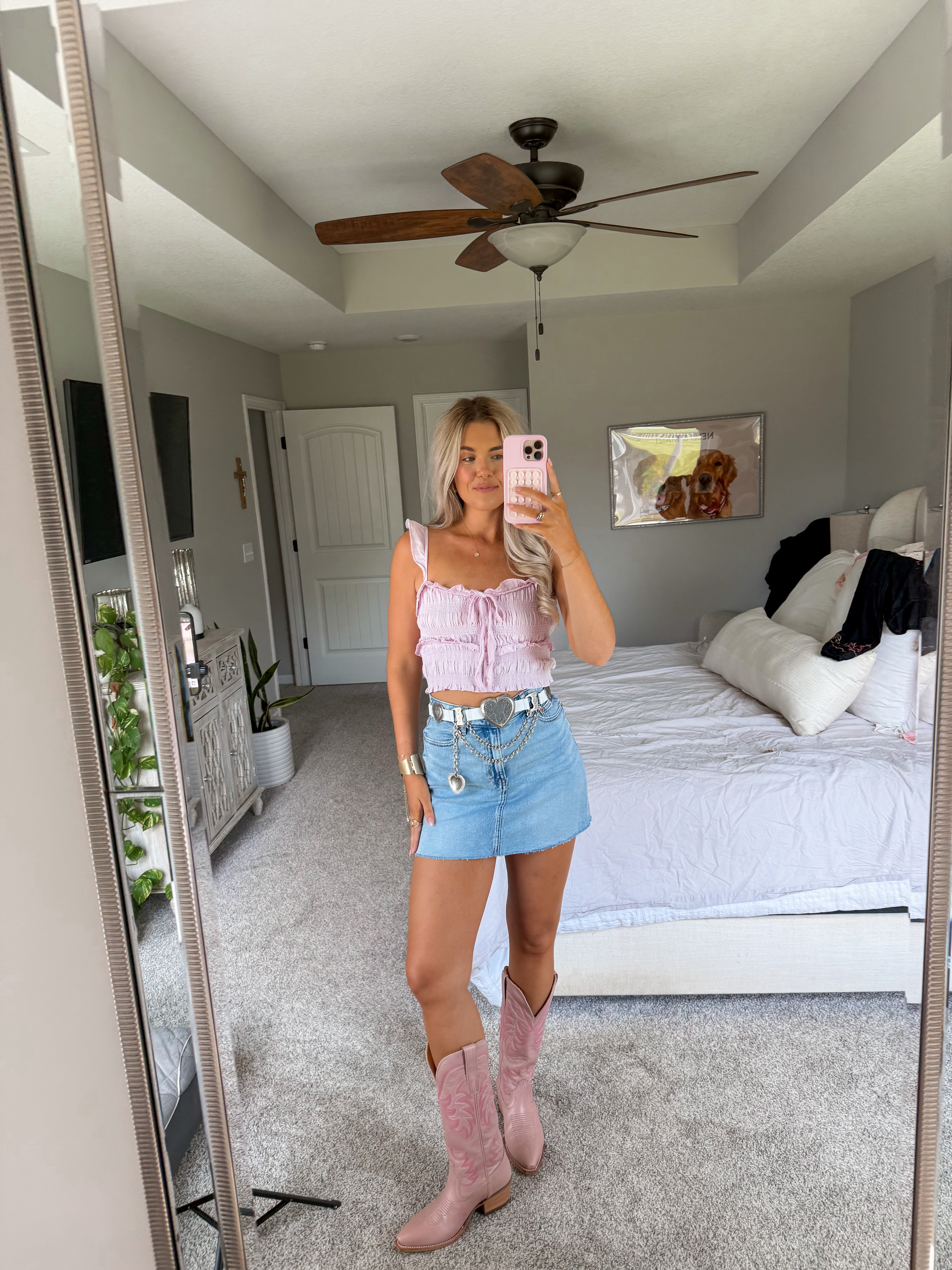 pink cowgirl boots outfit 🎀🌷💘 CODE KIRA20 for belt (anthropologie code love u til may 12!)
size 2 long in skirt
size XS in belt 
size XS in top 

#LTKFindsUnder50 #LTKStyleTip