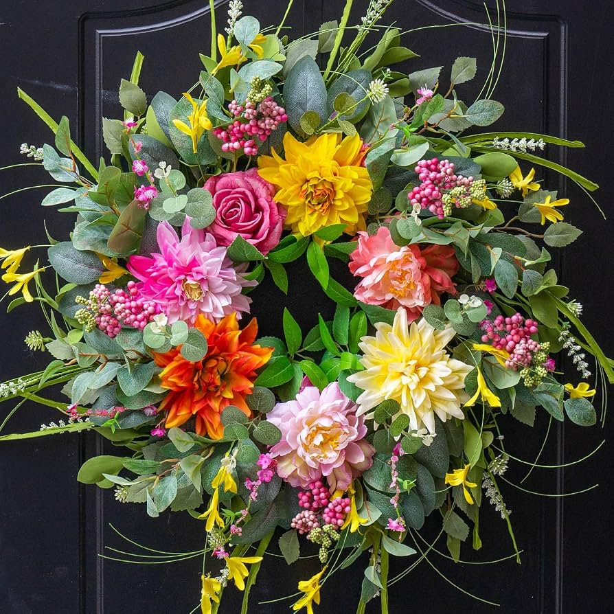 Spring Summer Wreaths for Front Door Outside 24 Inch, Soomeir Floral Door Wreath with Peony Dahli... | Amazon (US)