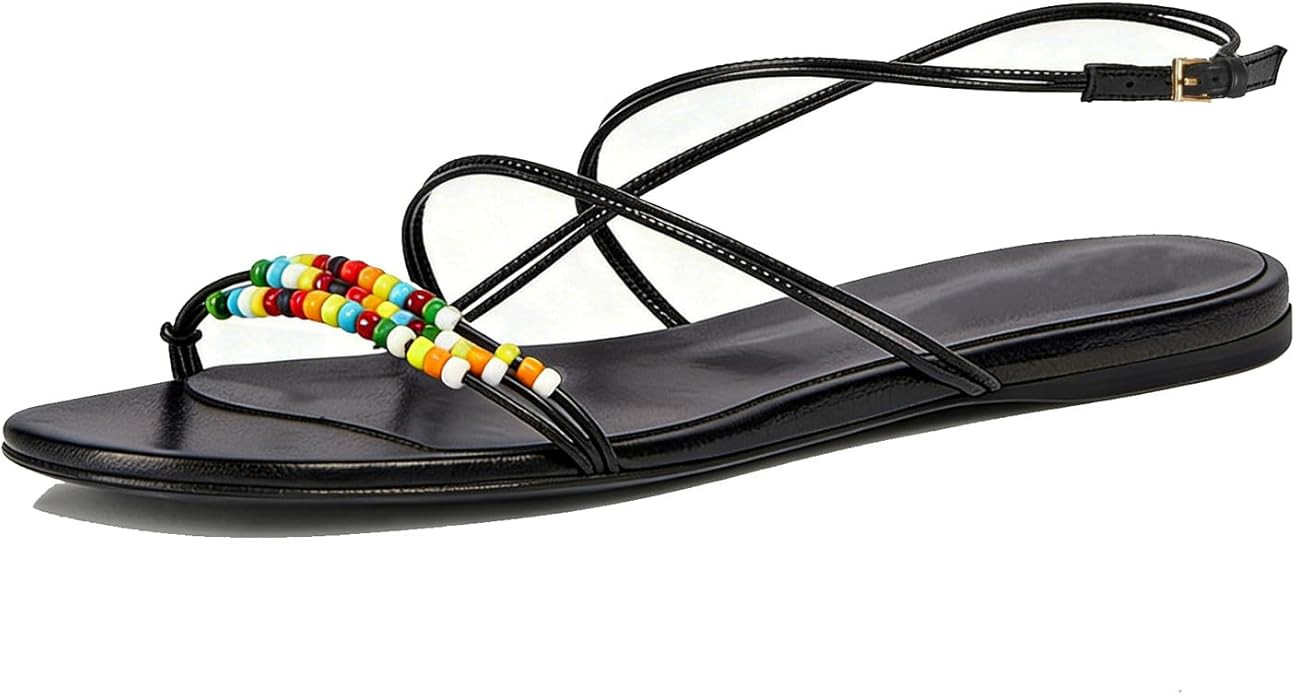 Beaded Strappy Flat Sandals for Women Bohemian Sandals Open Toe Slingback Flats Summer Vacation B... | Amazon (US)