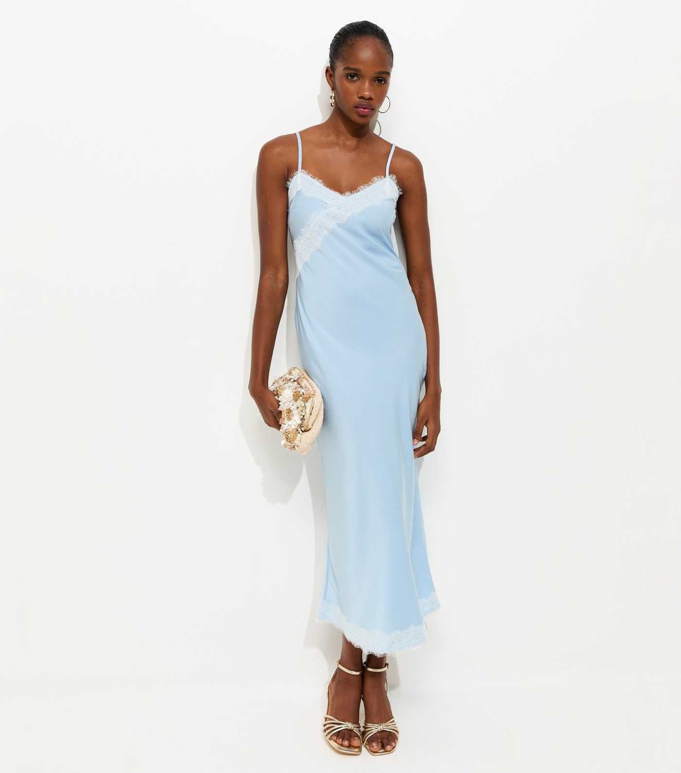 Blue Lace Trimmed Satin Midi Dress | New Look | New Look (UK)