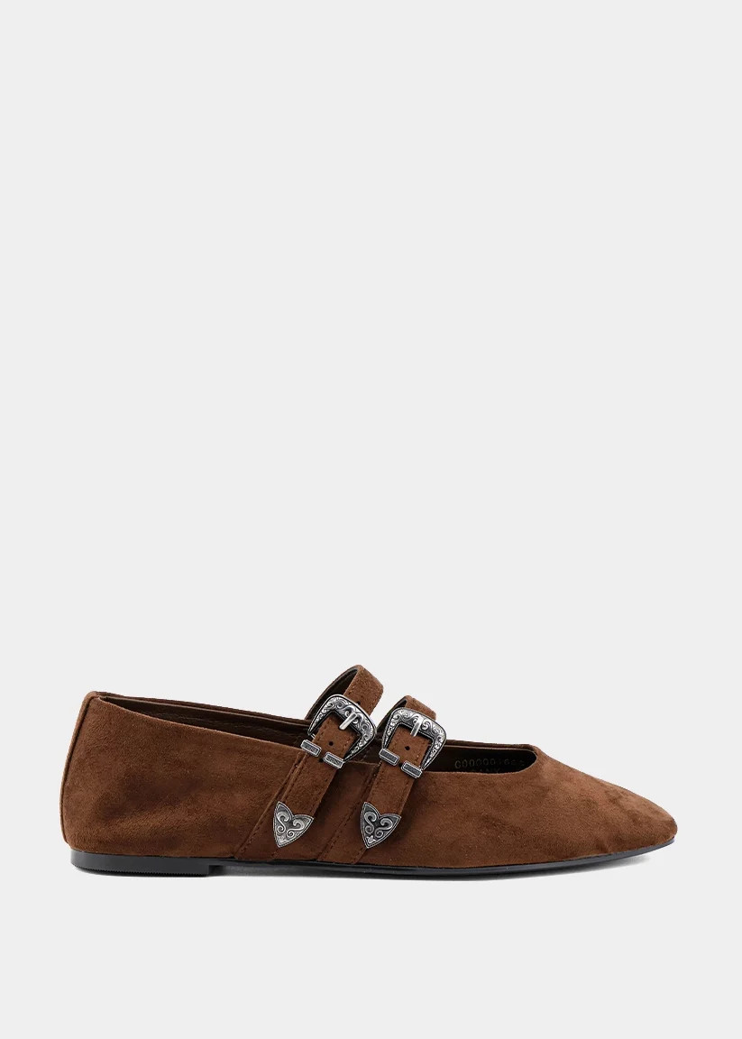 Albany Brown Suede Double Strap Flat | SHUSHOP