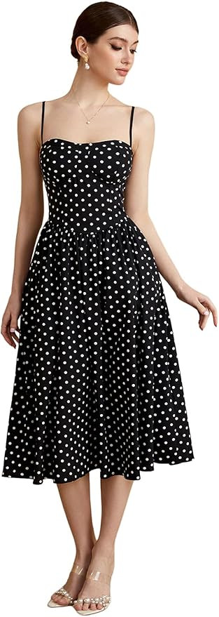 Women's Polka Dots Flared A Line Dress Spaghetti Strap Flowy Midi Vintage Party Dresses | Amazon (US)