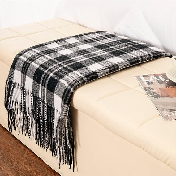Decorative Faux Cashmere Throw Blanket with Fringe Black and White Plaid Lightweight Fuzzy Soft C... | Amazon (US)