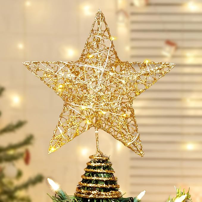 Joiedomi Gold Glitter Star Tree Topper Metal Hallow Tree Star Lighted for Christmas Tree Decorati... | Amazon (US)