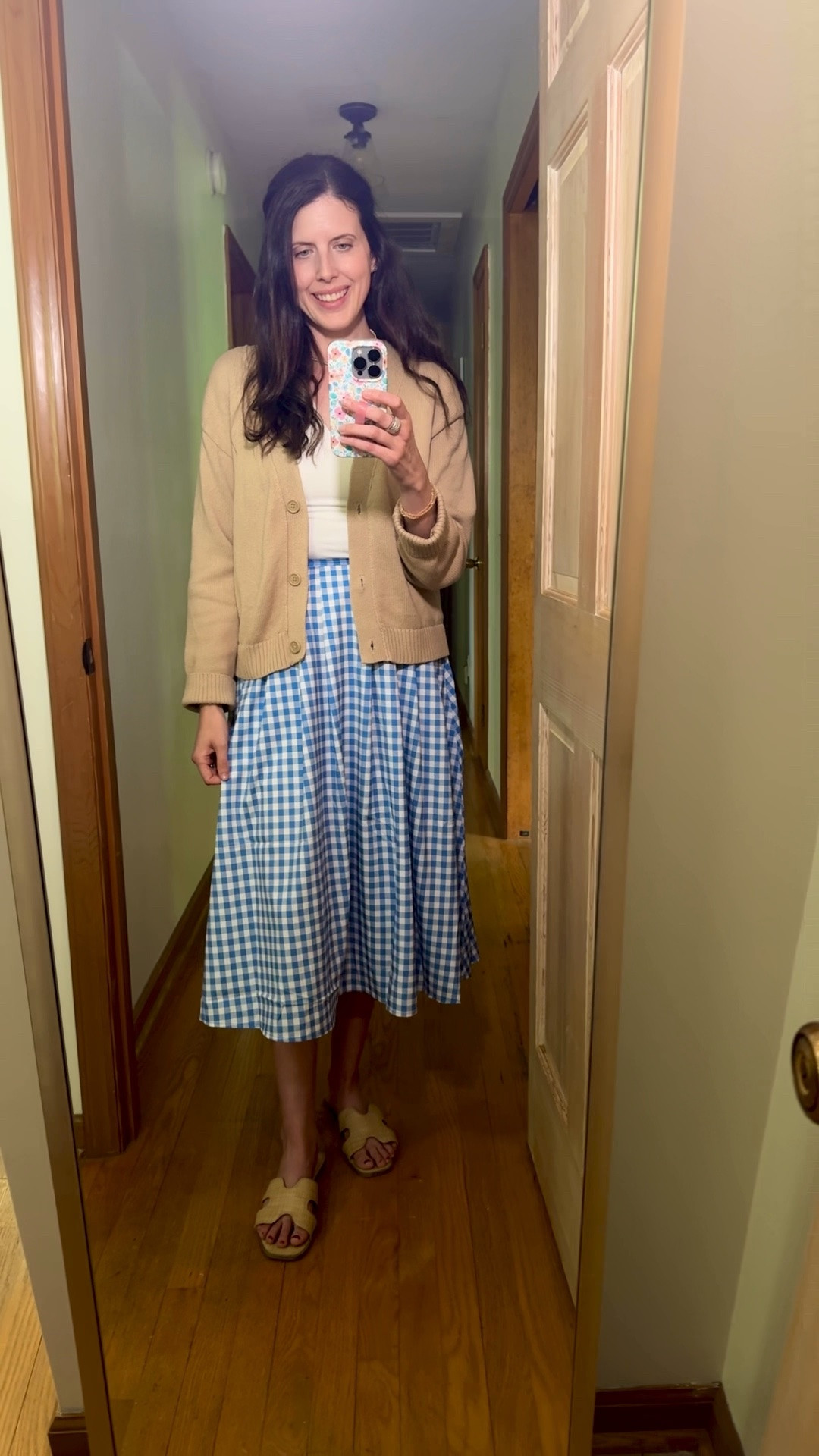 Yesterdays church outfit, blue gingham skirt, neutral cardigan, white tee, raffia slide Sandals, straw bag, summer skirt

#LTKdayinmylife #LTKgrwm #LTKootd