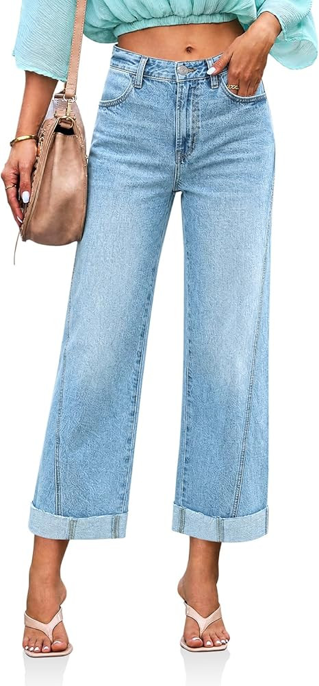 Cicy Bell Womens Cropped Jeans High Waisted Straight Wide Leg Cuffed Boyfriend Denim Pants with P... | Amazon (US)