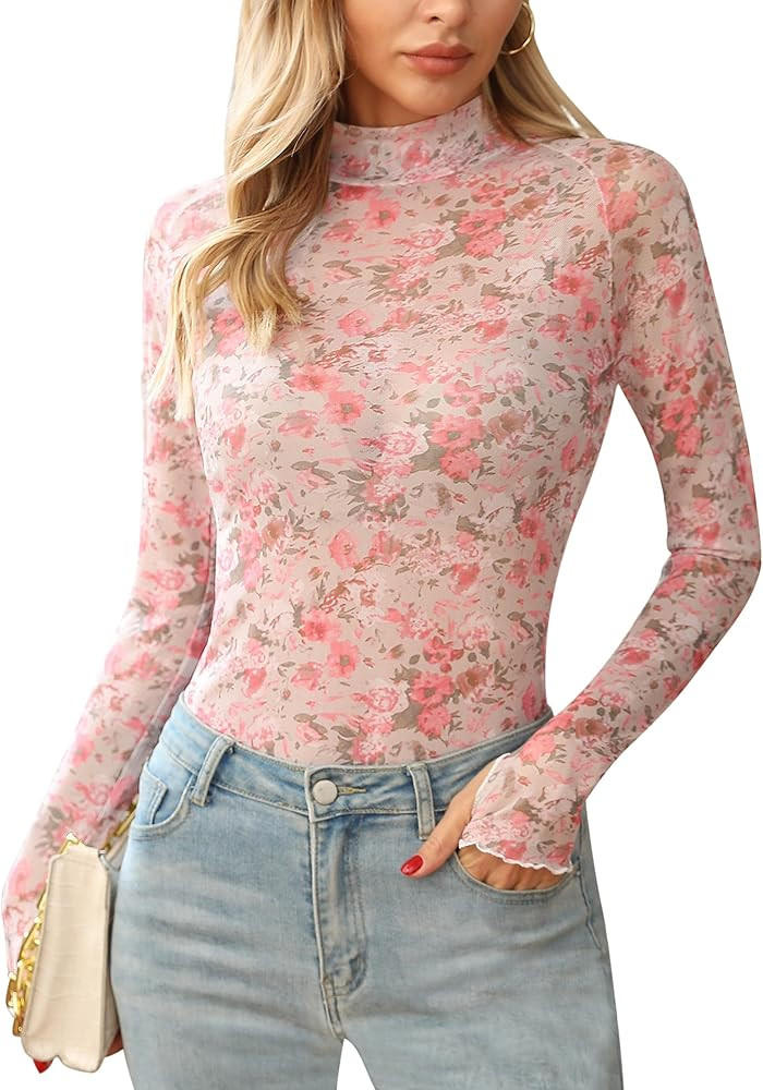 Ugerlov Womens Lace Long Sleeve Mesh Top Floral Mock Neck See Through Going Out Top with Thumb Ho... | Amazon (US)