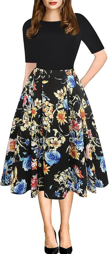 oxiuly Women's Vintage Patchwork Pockets Puffy Swing Casual Party Dress OX165 | Amazon (US)