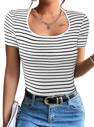 LilyCoco Womens Scoop Neck Striped Tops Short Sleeve Basic Fitted T Shirts Black and White Small | Amazon (US)