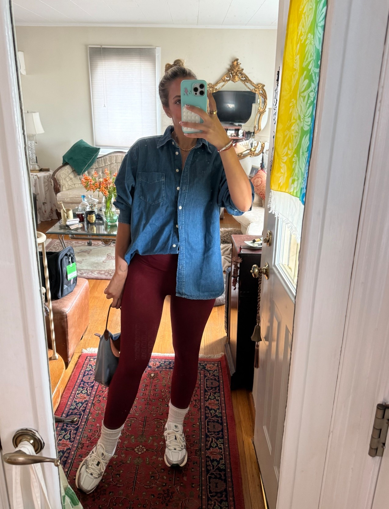 Most comfortable workout set in this burgundy/ maroon color for fall and my staple denim shirt from the gap and new balance running shoes  

#LTKActive #LTKStyleTip #LTKSaleAlert