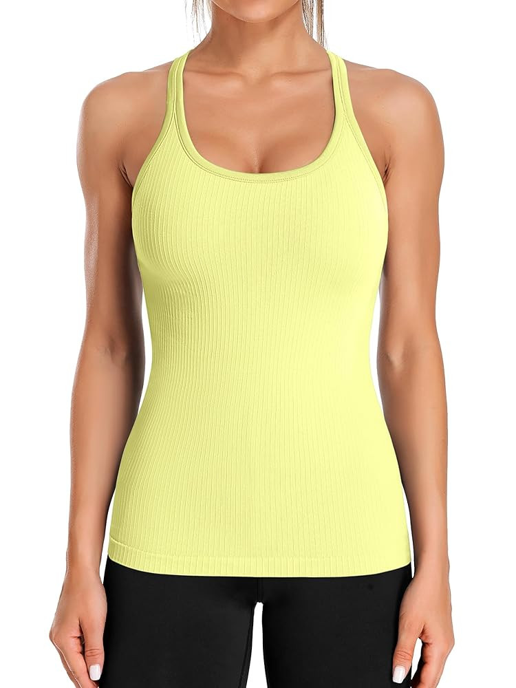 ATTRACO Ribbed Workout Tank Tops for Women with Built in Bra Tight Racerback Scoop Neck Athletic ... | Amazon (US)