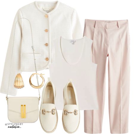 Tweed jacket, pink trousers, scoop neck vest top, espadrilles, Demellier crossbody bag & gold earrings.
Work outfit, office outfit, smart casual.

#LTKworkwear #LTKstyletip #LTKshoecrush