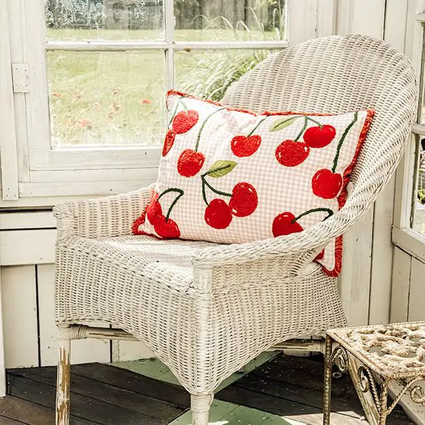 Gingham Check Cherry Stem Accent Pillow | Antique Farm House