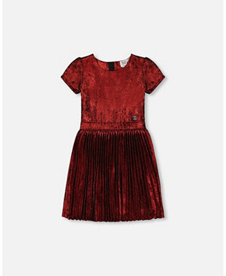 Deux par Deux Toddler Girls Short Sleeve Dress With Pleated Skirt Metallic Red - Macy's | Macy's