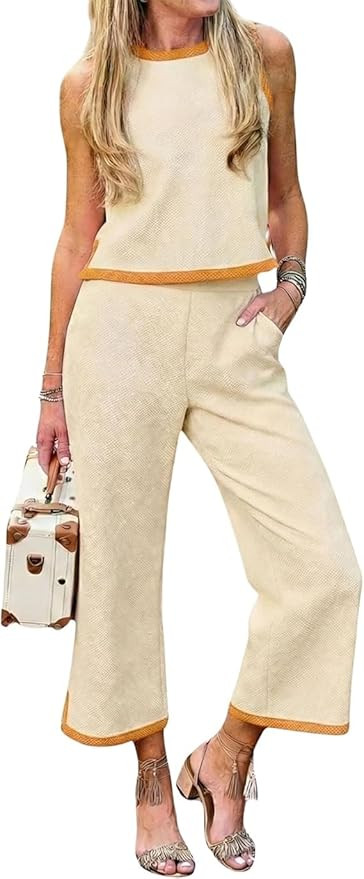 Melliflo Women's Two Piece Sets Color Block Sleeveless Top Wide Leg Pants Set Summer Travel Vacat... | Amazon (US)
