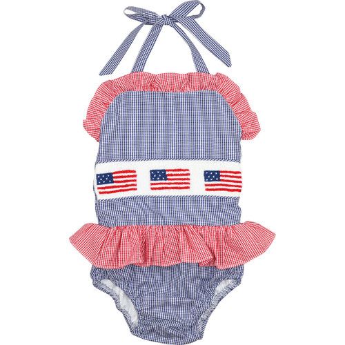 Navy And Red Gingham Smocked Flag Swimsuit | Cecil and Lou