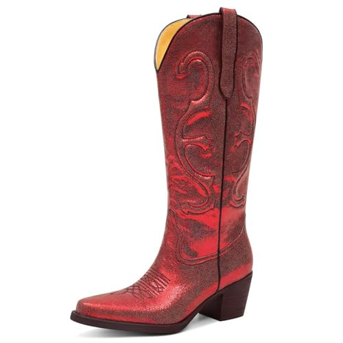 GPXGPX Red Cowboy Boots for Women Embroidered Cowgirl Boots Mid Calf, Pointed Toe Chunky Block Heel Pull On Western Boots 9 | Amazon (US)