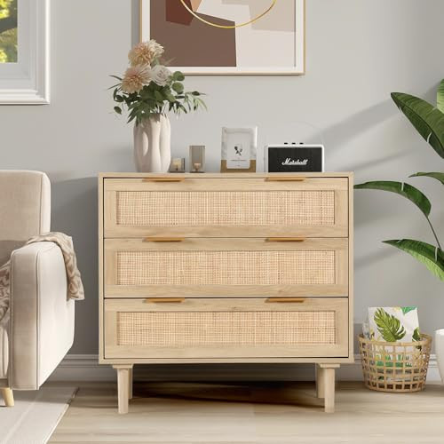 HOPUBUY Large Nightstand with Rattan Drawer, Modern 3 Drawer Night Stand for Bedroom, Wooden Bedside Table for Queen Size and King Size Bed,Oak | Amazon (US)