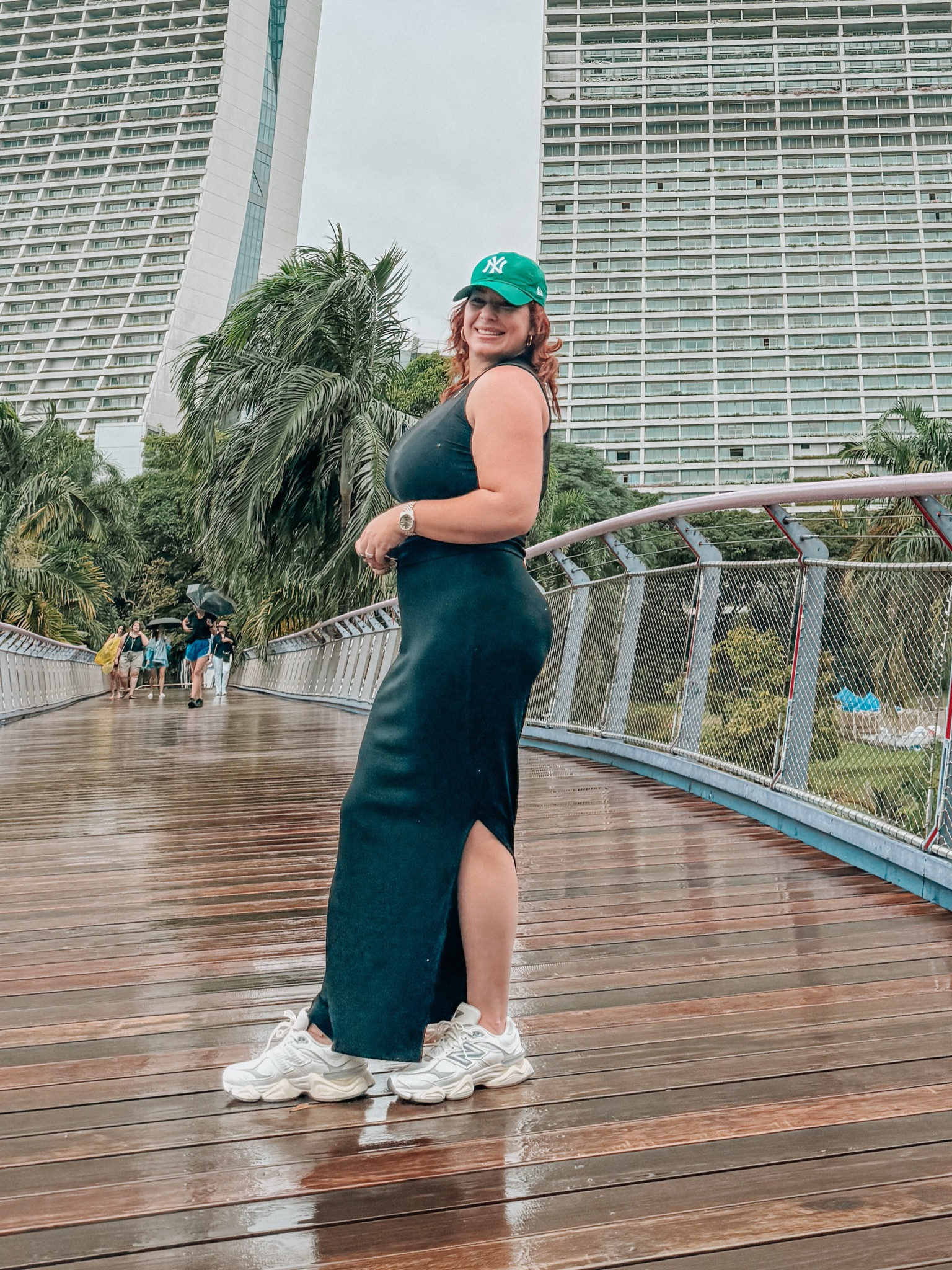 Black skirt set , new balance 9050 sneakers , green Yankees hat 