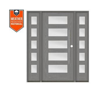 Faux Pivot 64 in. x 79 in. Left-Hand/Inswing 5-Lite Frosted Glass Malibu Grey Stain Fiberglass Prehung Front Door/DSL | The Home Depot