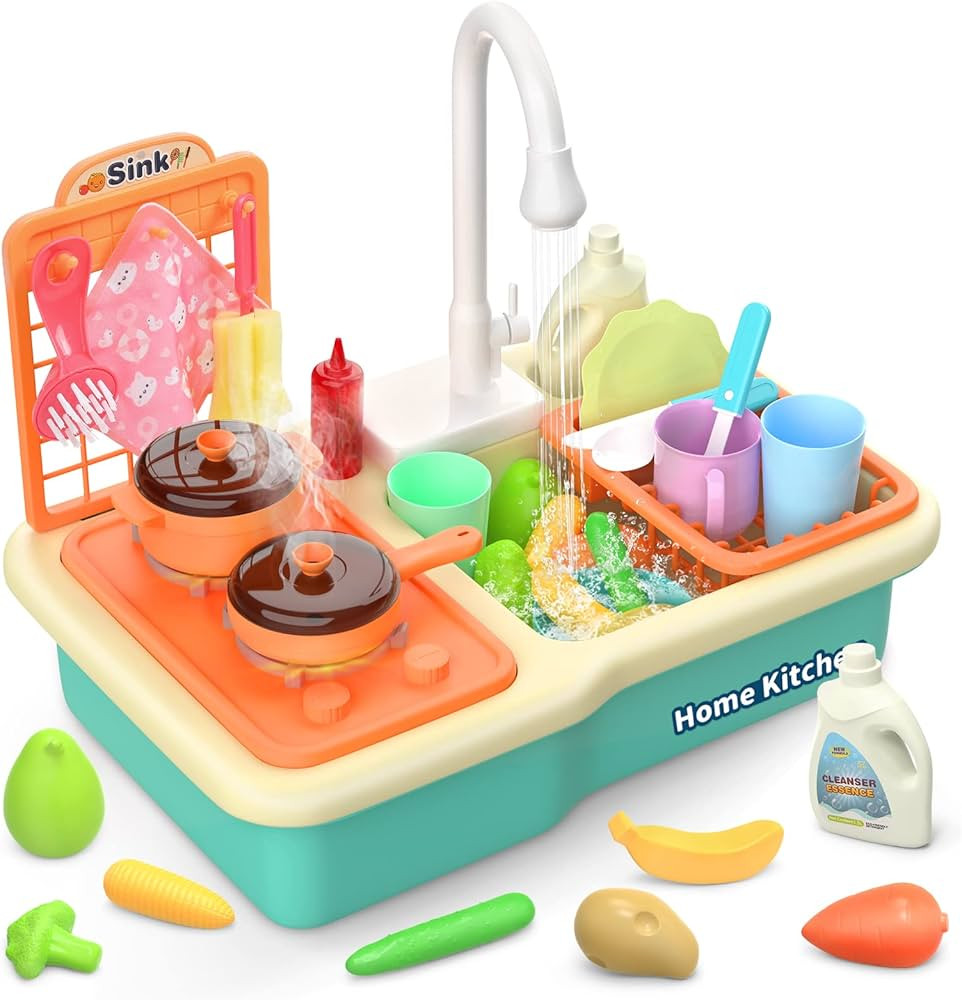 CUTE STONE Kitchen Sink Toys with Running Water, Play Sink with Upgraded Electric Faucet, Play Co... | Amazon (US)