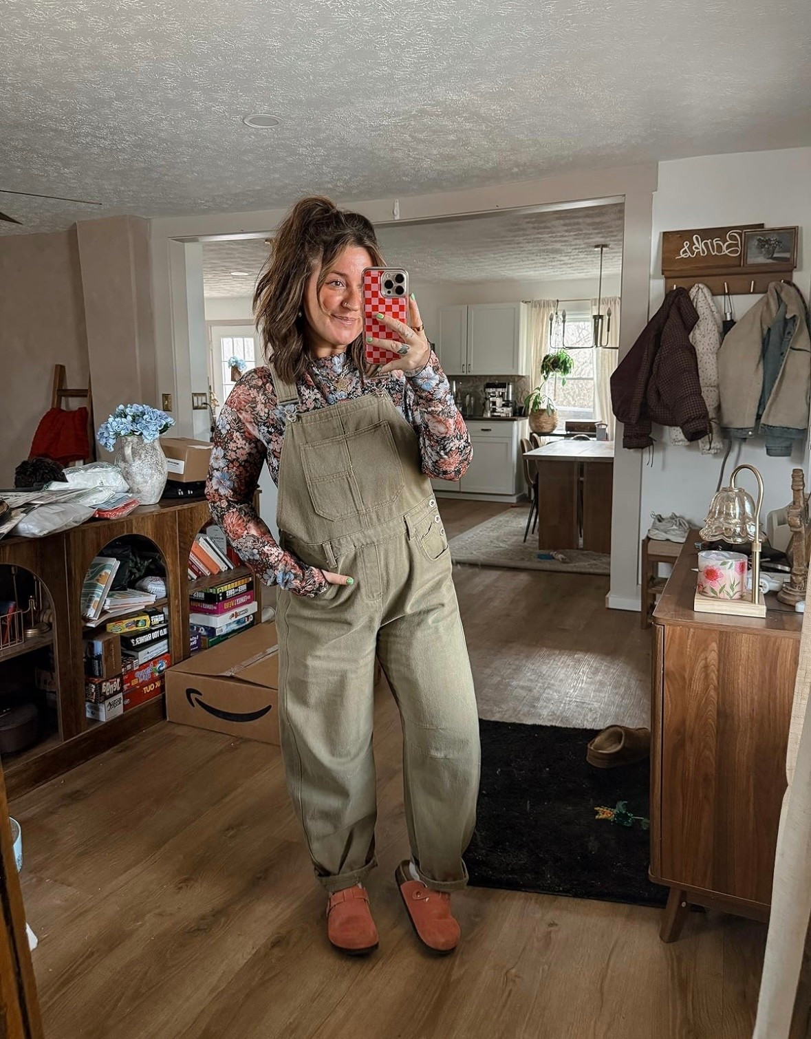 Perfect for a casual day spring outfit! Floral mesh top with oversized green barrel overalls and pink clogs! Super comfy. Wearing large in top, medium in overalls & TTS in clogs! 5'1 size 8/10

#LTKMidsize #LTKSeasonal #LTKootd