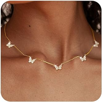 FUNEIA Dainty Silver Gold Necklaces for Women Trendy Non Tarnish 14K Gold Plated Cubic Zirconia Necklace Layered Cute Butterfly Heart Station Choker Necklace Stack for Wedding Prom Brides Jewelry | Amazon (US)