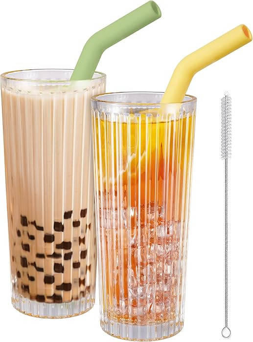 NiHome 2-Pack 18oz Thick Wall Ribbed Highball Glasses with Silicone Straws, Vintage Fluted Glasse... | Amazon (US)