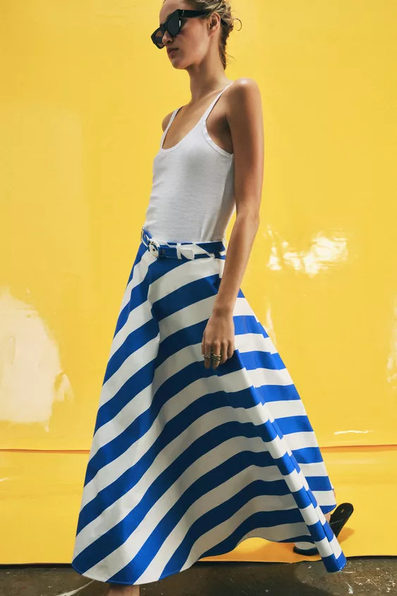 STRIPED MIDI SKIRT WITH BELT | Zara US