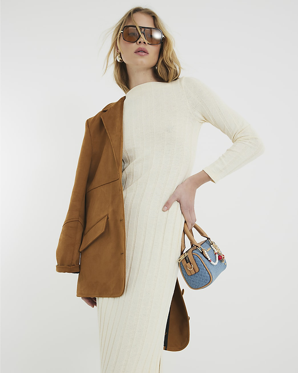 Cream Long Sleeve Ribbed Midi Dress | River Island UK & IE
