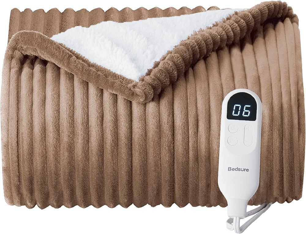 Amazon.com: Bedsure Electric Blanket Heated Throw - Soft Ribbed Flannel Heated Blanket, Fast Heat... | Amazon (US)