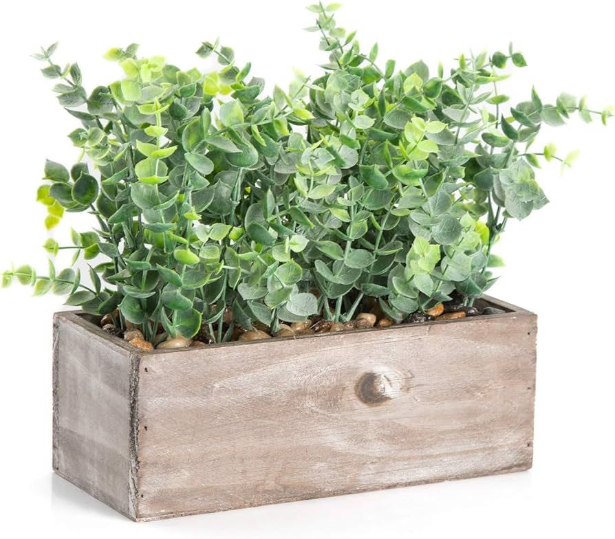 Velener Sage Green Artificial Eucalyptus Plant with Decorative Tray Wooden Box Plant Pot 9"- Faux... | Amazon (US)