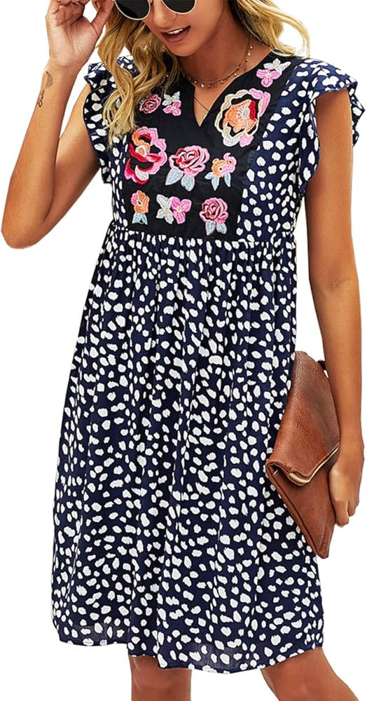 KIRUNDO Women’s Summer Leopard Mini Dress V Neck Bohemia Dress Sleeveless Flowy Loose Babydoll ... | Amazon (US)