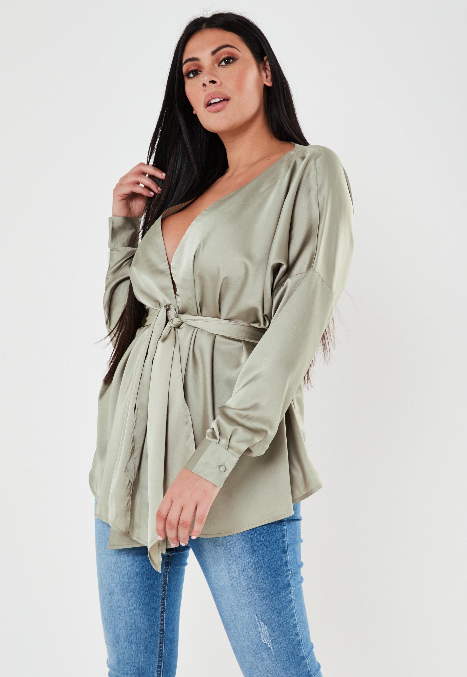 Missguided - Plus Size Sage Satin Tie Waist Blouse | Missguided (US & CA)