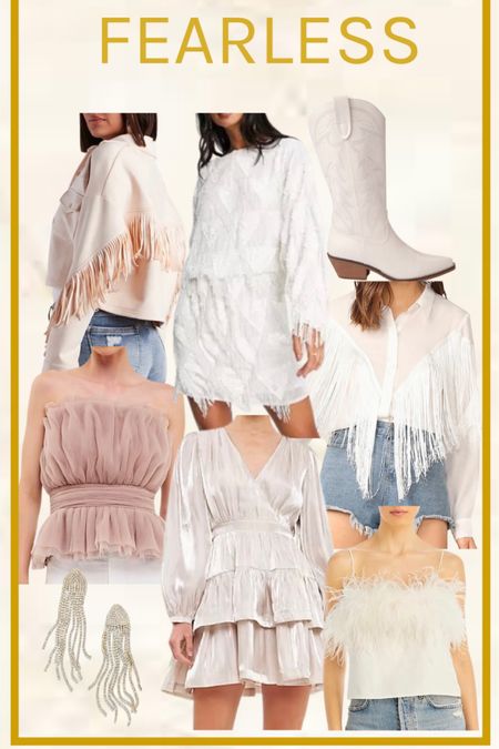 Taylor Swift outfit ideas. Eras Tour outfit ideas. Taylor Swift Fearless. Western style outfits. Cowboy boots. Fringe white blouse. Western jacket. Western blouse. Sequin dress. Pink strapless top. Fringe earrings. Fringe sequin dress. Feather tank top. Fringe jacket 
.
.
.
.
… #amazonfashion 

#LTKunder100 #LTKFestival #LTKstyletip