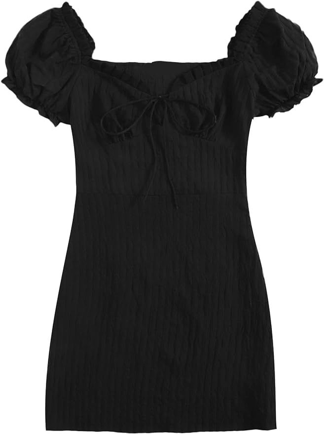 Floerns Women's Sweetheart Neck Puff Sleeve Ruch Frill Trim Tie Front Mini Dress | Amazon (US)