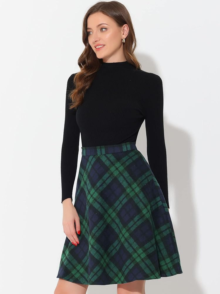 Allegra K Women's Plaids Vintage Tartan Elastic Waist Knee Length A-Line Skirt | Amazon (US)