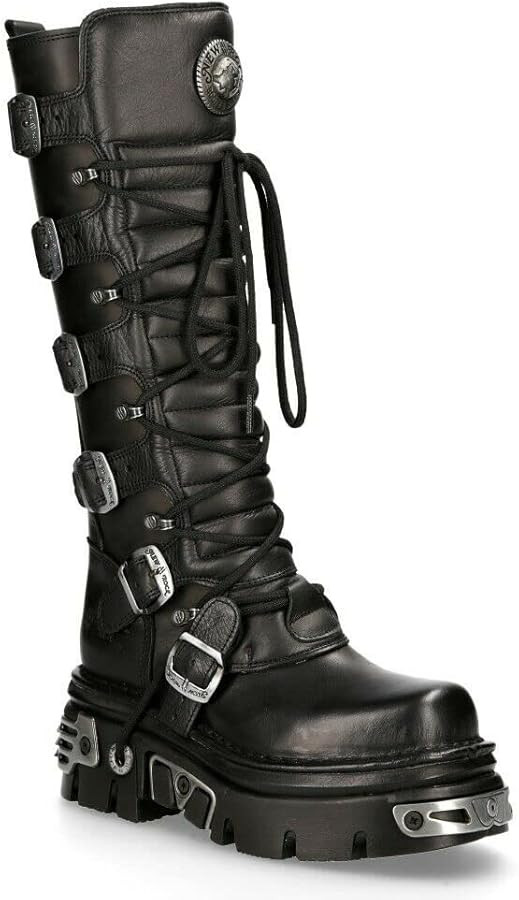 New Rock Women's 272-S1 Metallic Black Leather Gothic Emo Knee High Boots with Lace and Buckle Fa... | Amazon (US)