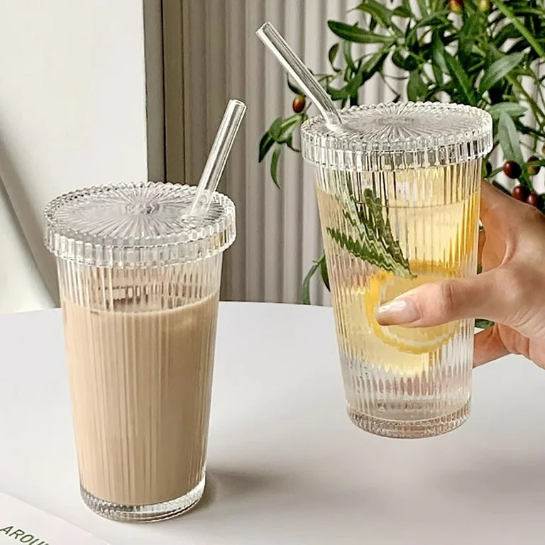 Glass Tumbler Stripe Glass Cup Coffee Cup With Lid and Straw Drinking Glasses for Water,Iced Coff... | Walmart (US)