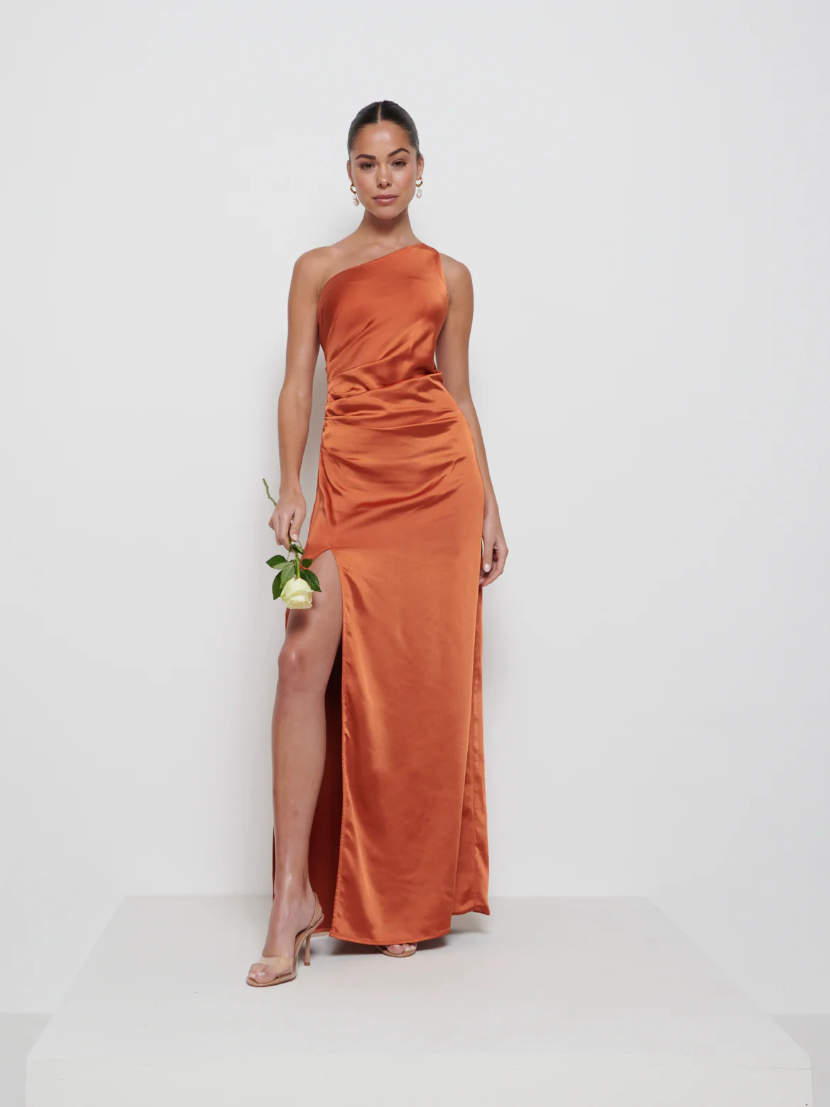 Amelia Ruched Maxi Bridesmaid Dress - Copper | Pretty Lavish (UK)