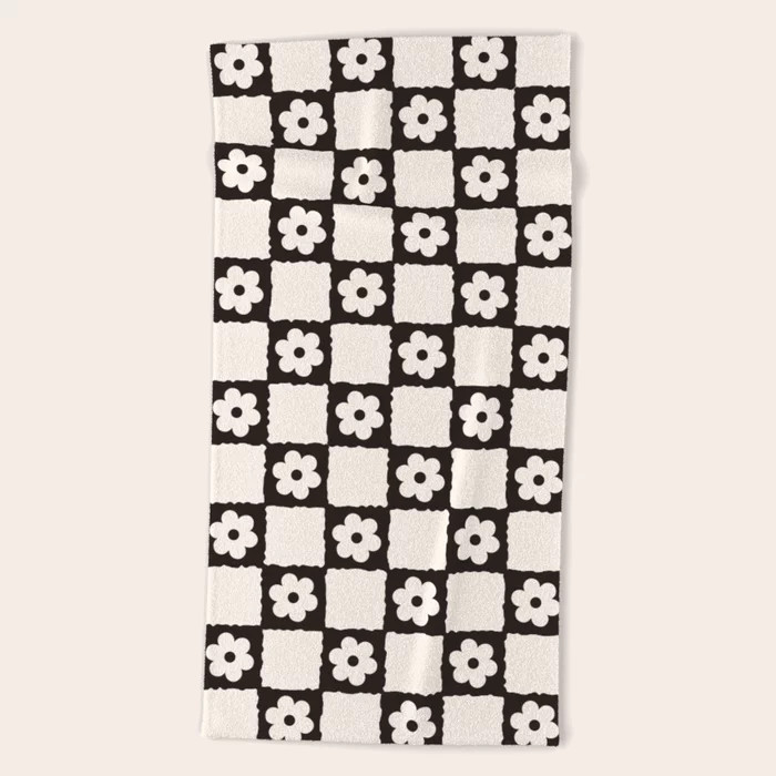 Retro Flower Checker in Black&White Beach Towel by thespacehouse | Society6
