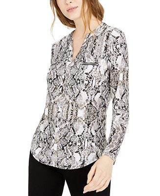 I.N.C. International Concepts Petite Printed Zip-Pocket Long-Sleeve Top, Created for Macy's  - Ma... | Macy's