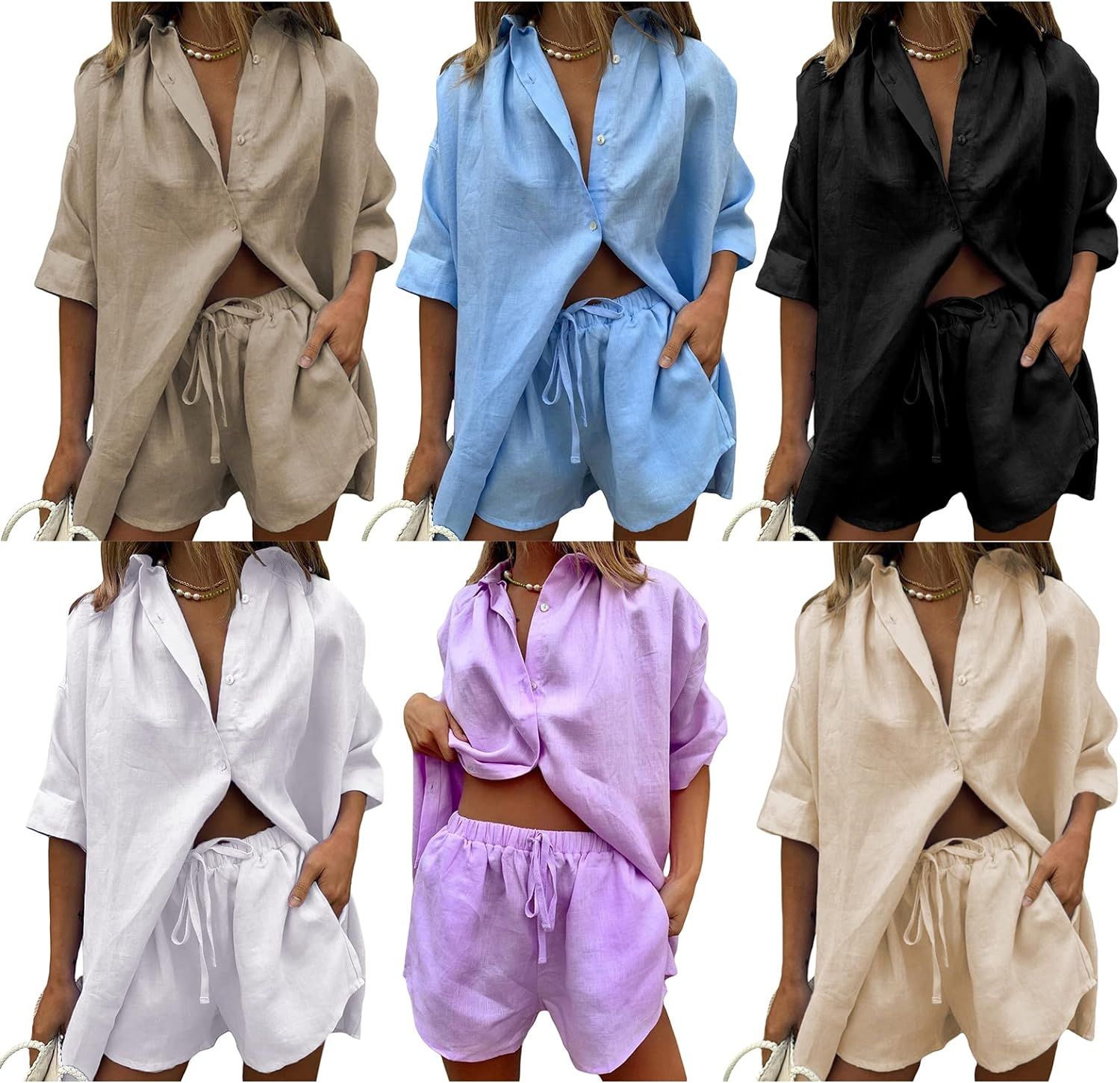 Women Casual 2 Piece Set Summer Solid Color Button-up Shirts Tops Drawstring Linen Shorts Loose O... | Amazon (US)