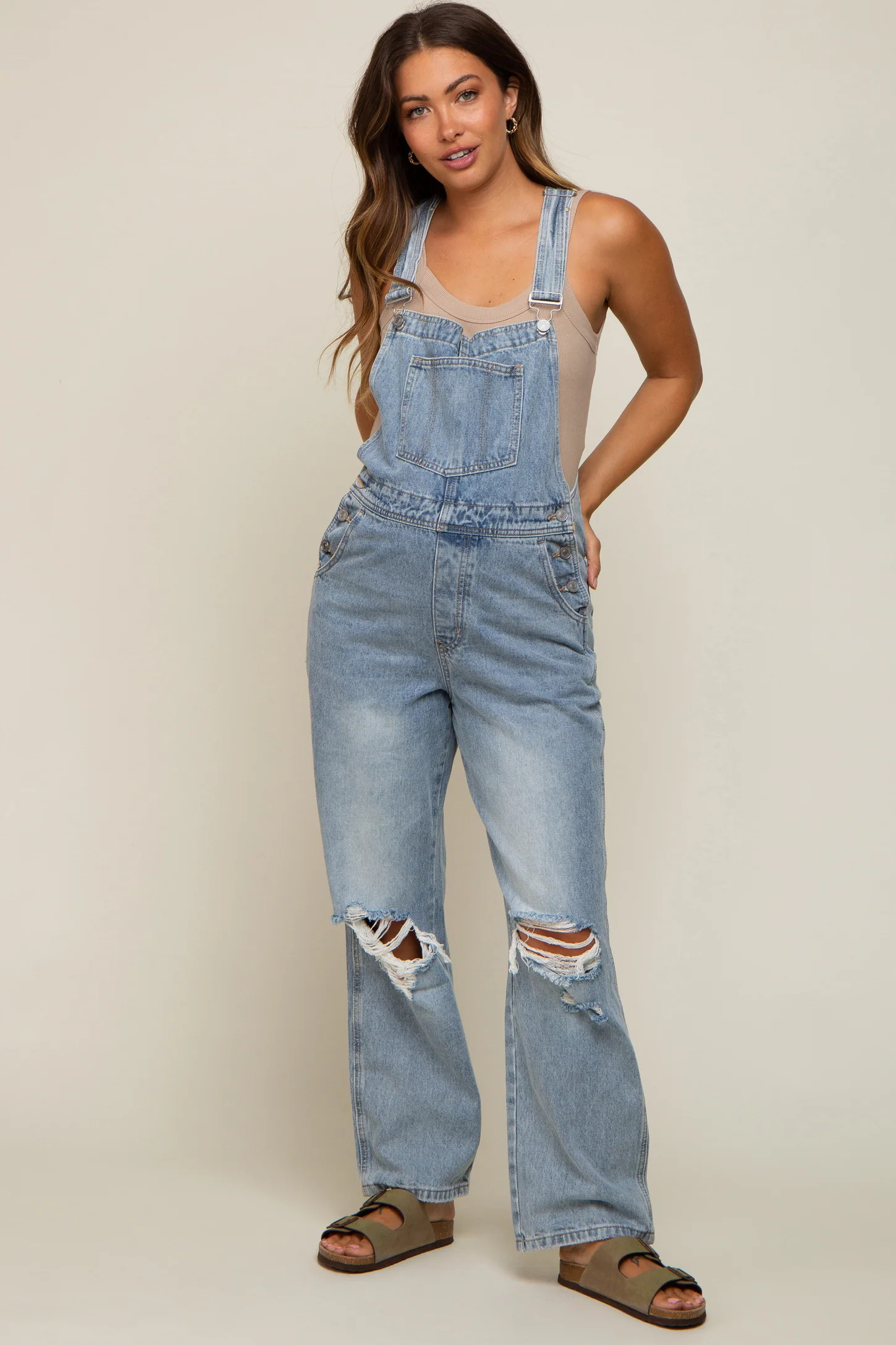 Light Wash Distressed Maternity Overalls | PinkBlush Maternity