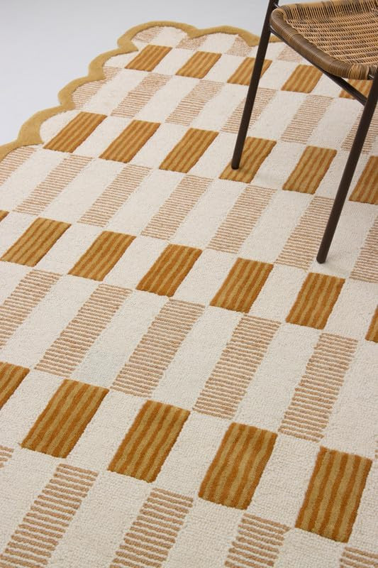 Hand-Tufted Wool Area Rug with Scalloped Edges, Neutral Beige Plaid Pattern, Cozy Soft Accent Rug... | Amazon (US)