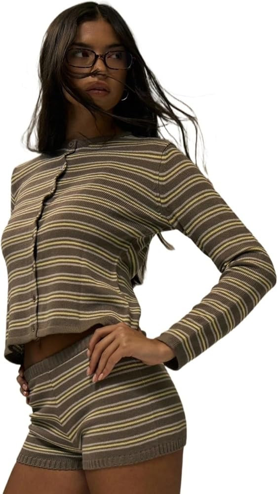 Women's Long Sleeve Open Cardigan Crew Neck Striped Button Down Cardigan Fall Cute Farmhouse | Amazon (US)