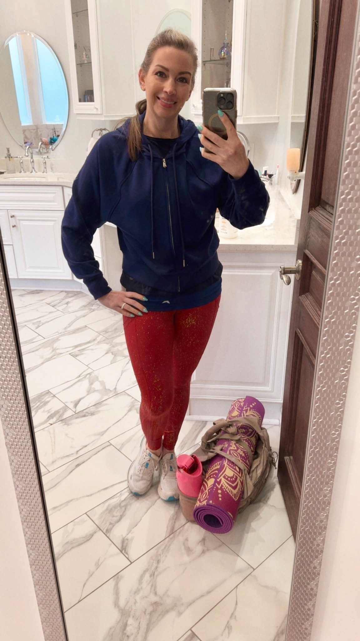 Red, white, and blue workout days really create a joyful, lively atmosphere! I love matching my hair elastics with my workout outfits—it's such a fun and festive detail. My students often tell me I look vibrant and happy. 

I’m so grateful for this gym bag I received as a Christmas gift. I might have hinted about it and even had it sent to the house, jokingly saying, 'This is what you’re giving me!' 😆 My husband appreciates when I drop hints like that because they help him pick just the right thing for me. Even after all these months, I still absolutely love it. It’s perfect for holding my yoga mat in place, my dance shoes in the side shoe compartment, all my necessities, and my large 35-ounce BurMate water bottle in the side mesh pocket. 

This zip-up jacket from Lou & Gray is stylish in a shorter length and is super comfortable. ￼

All in all, it’s truly a winning combination!

#LTKdayinmylife #LTKActive