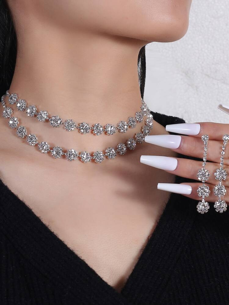 Rhinestone Decor Layered Necklace & 1pair Drop Earrings | SHEIN